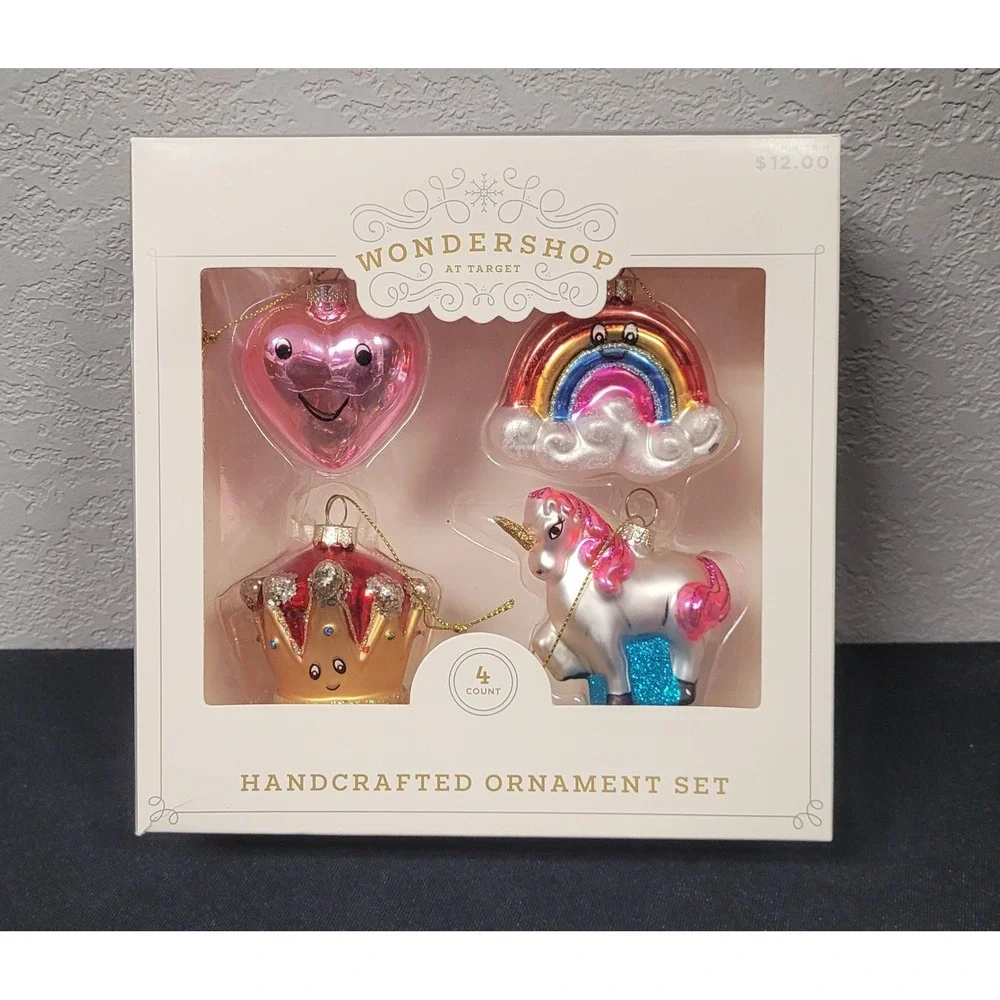 Wondershop Glass Ornament 4-Pack Set Rainbow, Heart, Crown, Unicorn